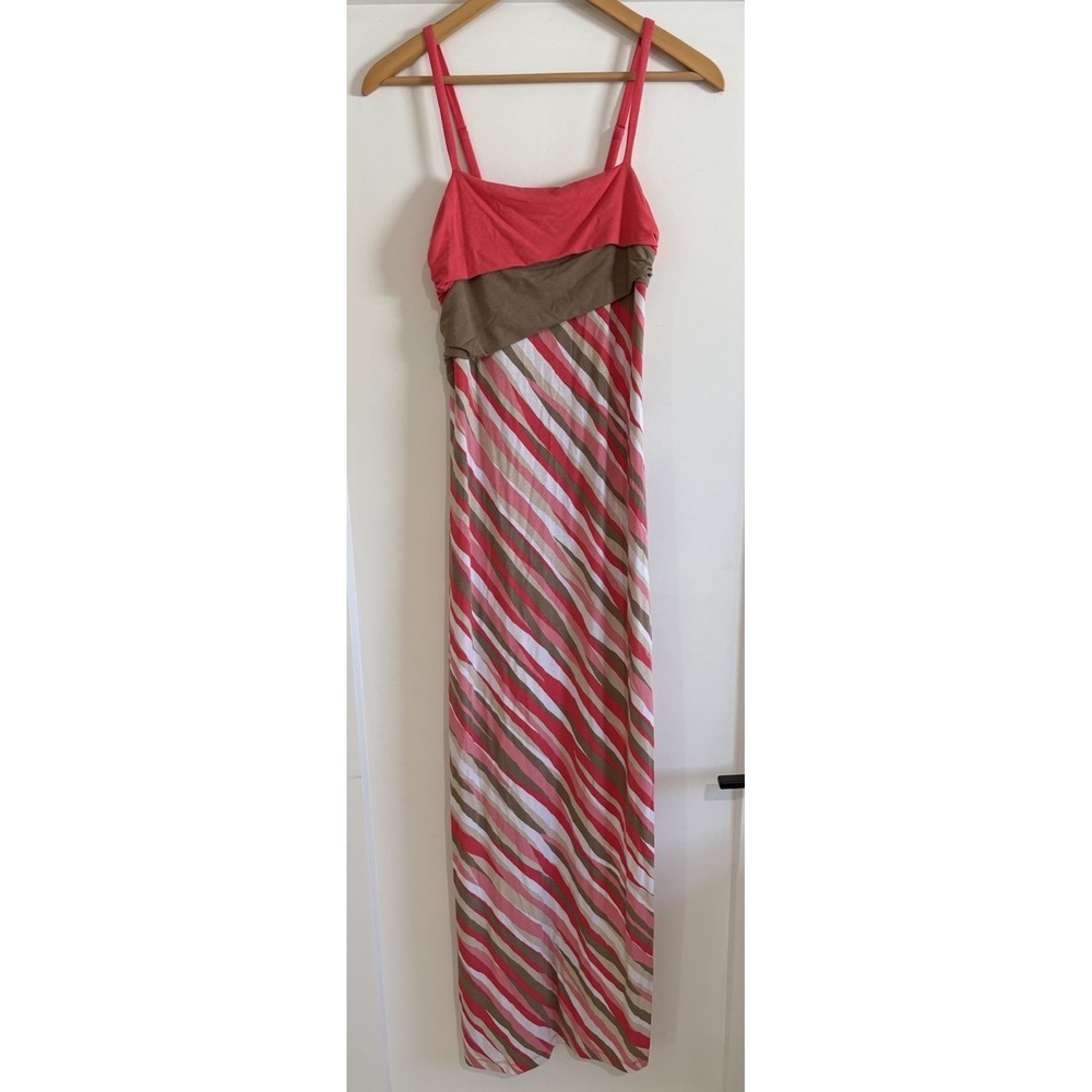 Tommy Bahama Striped Colorblock Maxi Dress XS Pink Tan Resort Jersey Sun Dress
